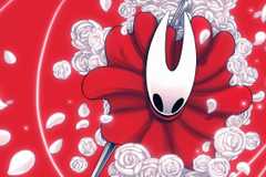 Hornet, the protagonist of Hollow Knight: Silksong, surrounded by white roses and petals. 